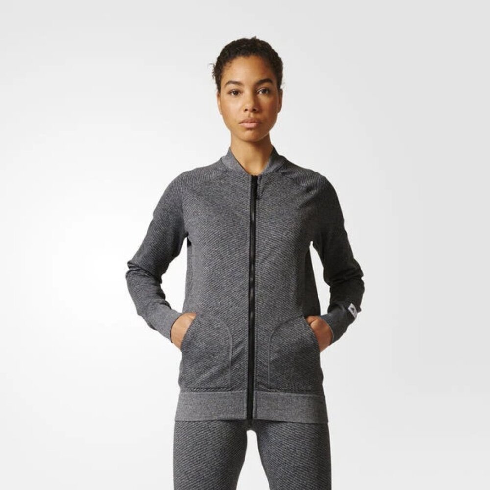 Adidas Reigning Champ Womens M Gray Bomber Jacket Chevron Stripe Primeknit Zip
